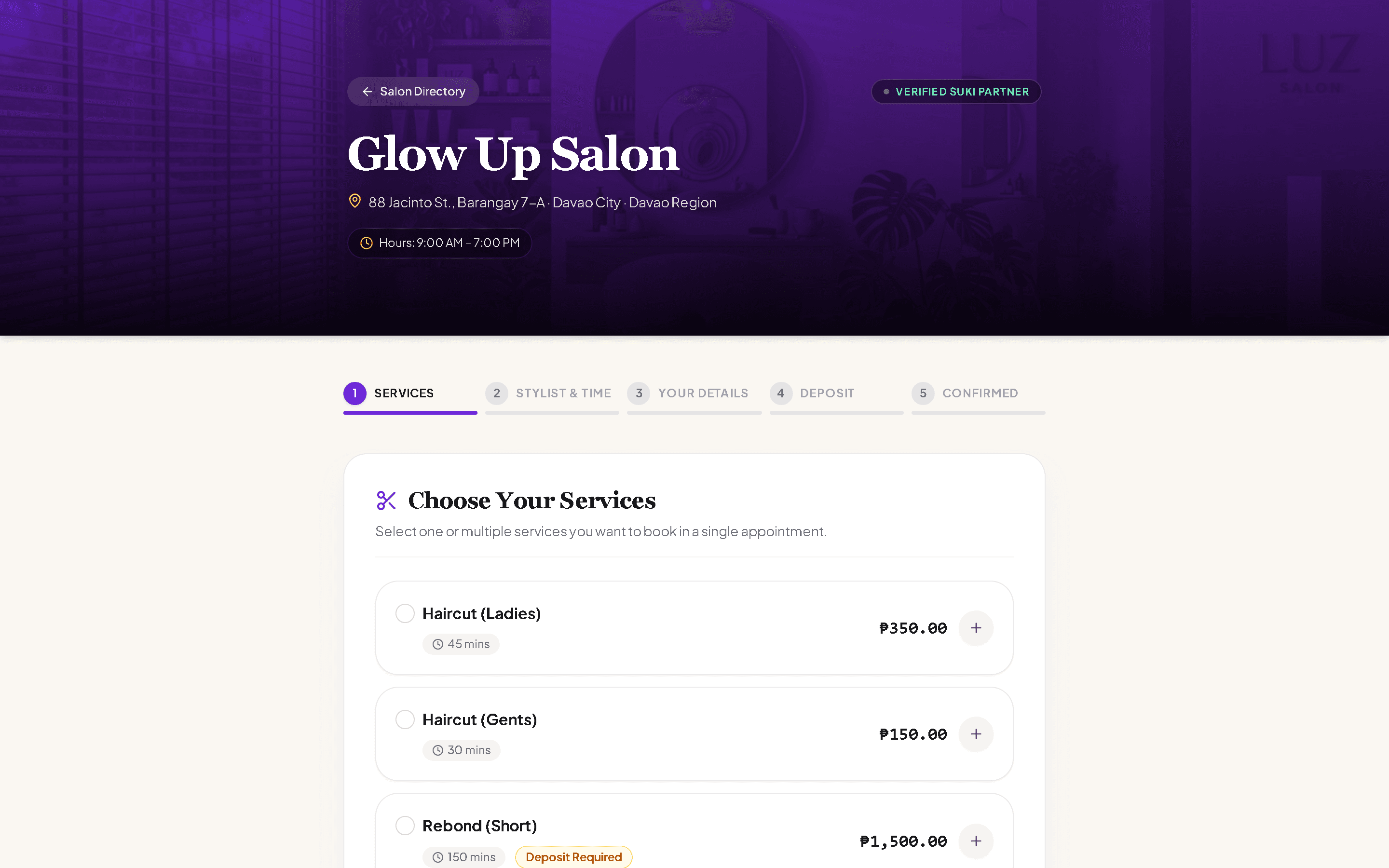 Suki Suite Public Salon Booking Storefront
